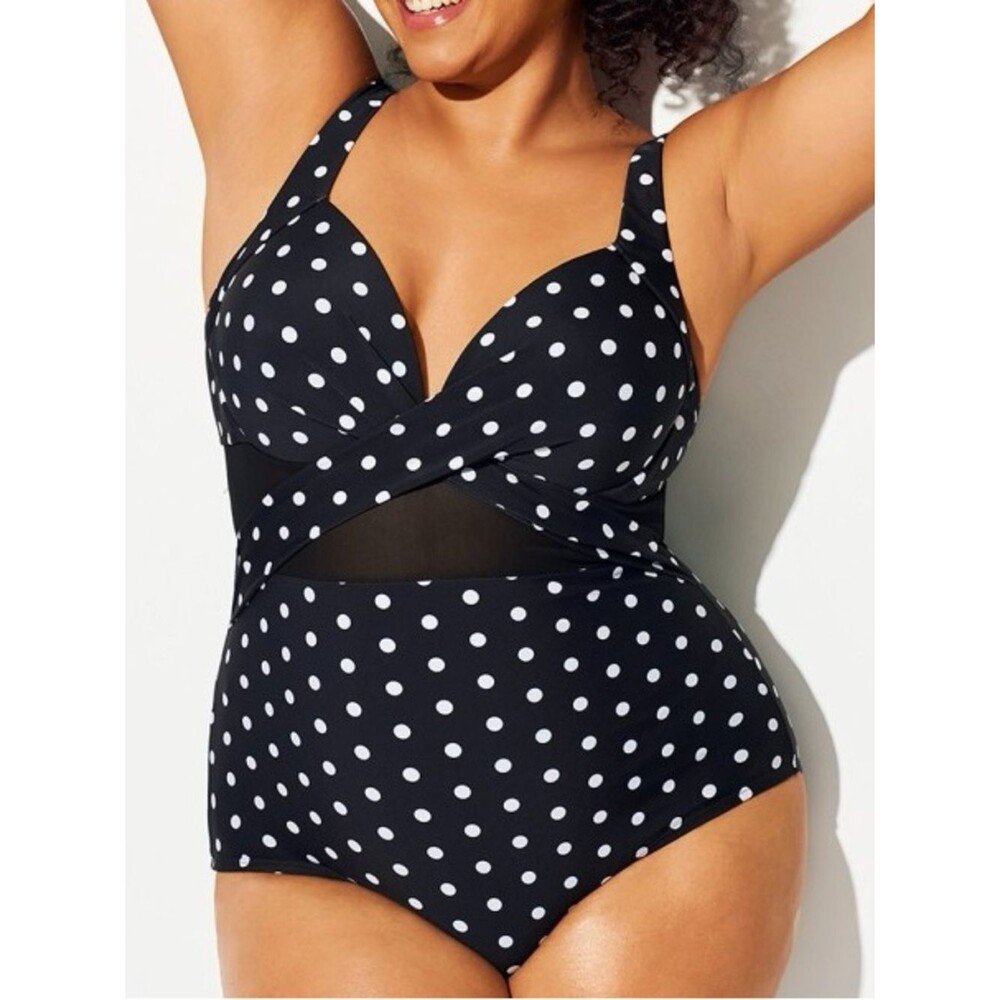 NWT Meet Curve Black Polka Dot One Piece Swimsuit Mesh Cutout Underwire Size 3XL